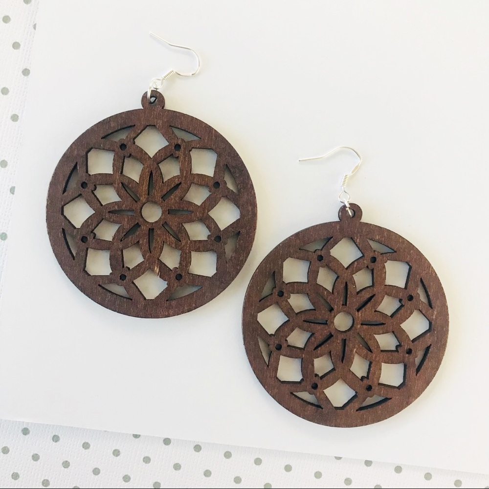 Wooden Earrings Round Geometric Flower Dangle - Picture 2 of 3